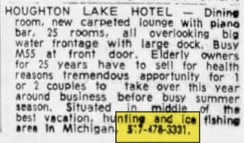 Houghton Lake Hotel (Houghton Lake Tavern, Heards Hotel) - May 28 1968 Article (newer photo)